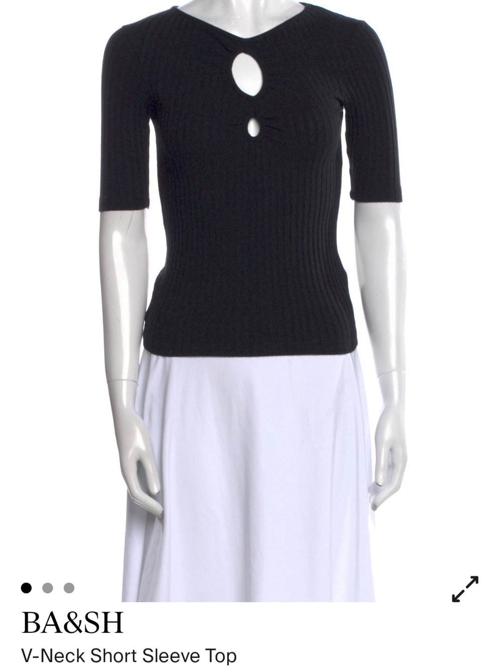 ba&sh Black Ribbed V-Neck Short Sleeve Top with Keyhole Details